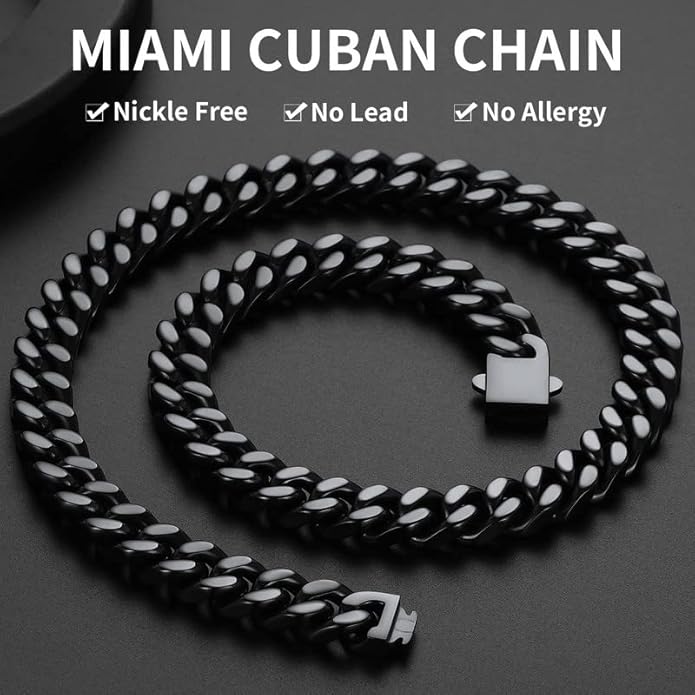 ChainsHouse Stainless Steel Mens Cuban Link Chain, Black/ 18K Gold Plated Miami Cuban Chain Necklace, 5mm/7mm/9mm/12mm/14mm Width, No Tarnish& Durable Hip Hop Mens Jewelry, 18"-30", Send Gift Box