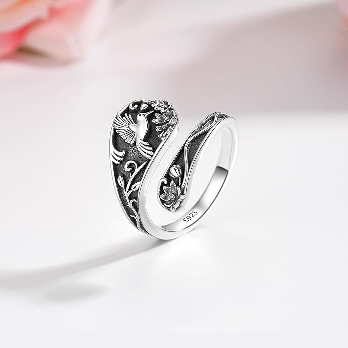 Spoon Ring Sterling Silver Hummingbird Ring Vintage Antique Spoon Rings Adjustable Thumb Rings for Women