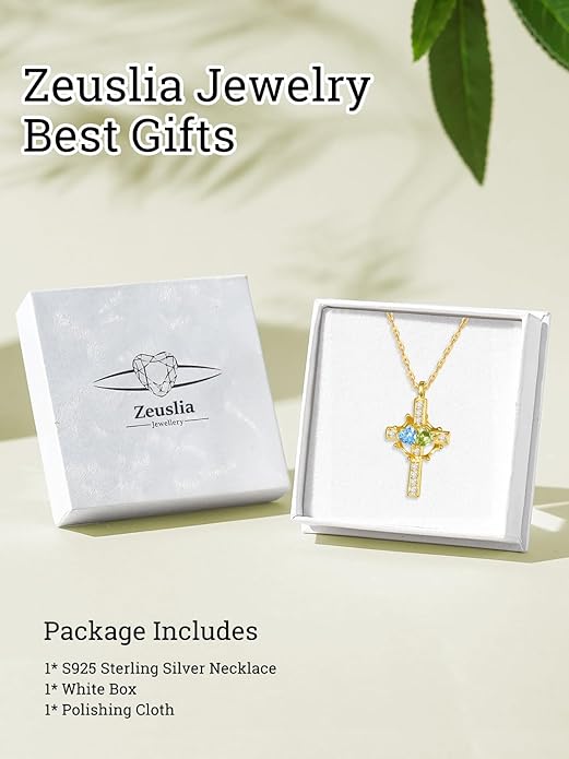 Zeuslia Double Birthstone Necklace Gifts for Wife - 925 Sterling Silver Sunflower/Rose/Crown Cross/Compass/Heart Pendant I Love You Necklace, Anniversary Birthday Gifts for Wife Girlfriend Mom Her