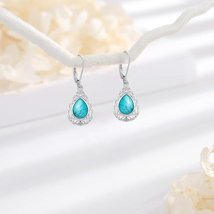 Sterling Silver Tree of Life/Flower/Bee/Animals/Cat/Hummingbird Dangle Earrings Moonstone Turquoise Drop Leverback Earrings Jewelry Gifts