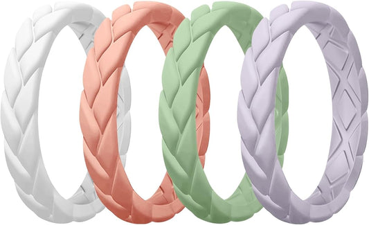 Egnaro Women's Silicone Stackable Rings 3.5mm Wide 2mm Thick, Rubber Flexible Hypoallergenic Wedding Bands For Workout Leaf Braided Fashion