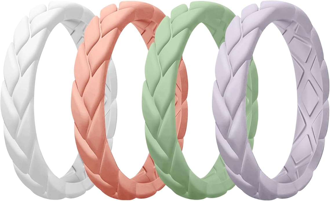 Egnaro Women's Silicone Stackable Rings 3.5mm Wide 2mm Thick, Rubber Flexible Hypoallergenic Wedding Bands For Workout Leaf Braided Fashion