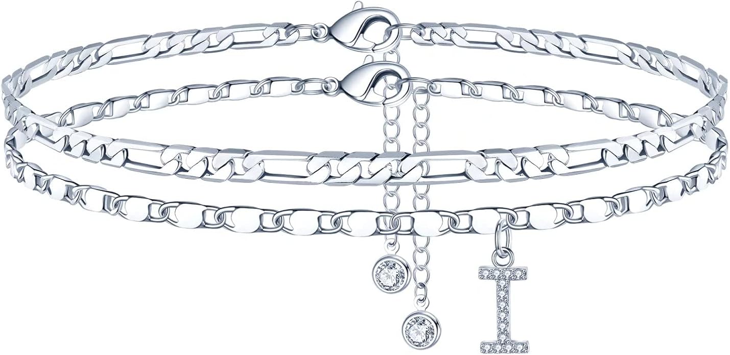 Ursteel Ankle Bracelets for Women, 14K-Gold-Plated Dainty Layered Chain CZ Initial Anklets Set Summer Jewelry Gifts for Women