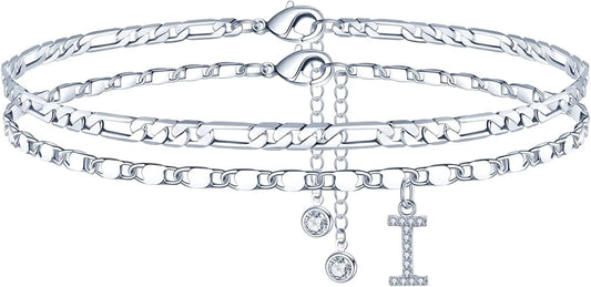 Ursteel Ankle Bracelets for Women, 14K-Gold-Plated Dainty Layered Chain CZ Initial Anklets Set Summer Jewelry Gifts for Women