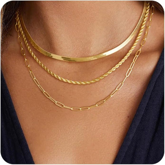 Layered Gold Necklace for Women Dainty 14K Gold/Silver Plated Stacked Necklace for Women Trendy Cuban Paperclip Herringbone Chain Diamond Pendant Necklaces Jewelry Set Accessories Gift