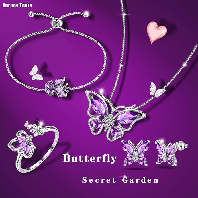 Aurora Tears Butterfly Jewelry,Women 925 Sterling Silver Butterflies Birthstone Pendant Necklace/Earrings/Rings Wedding Gift