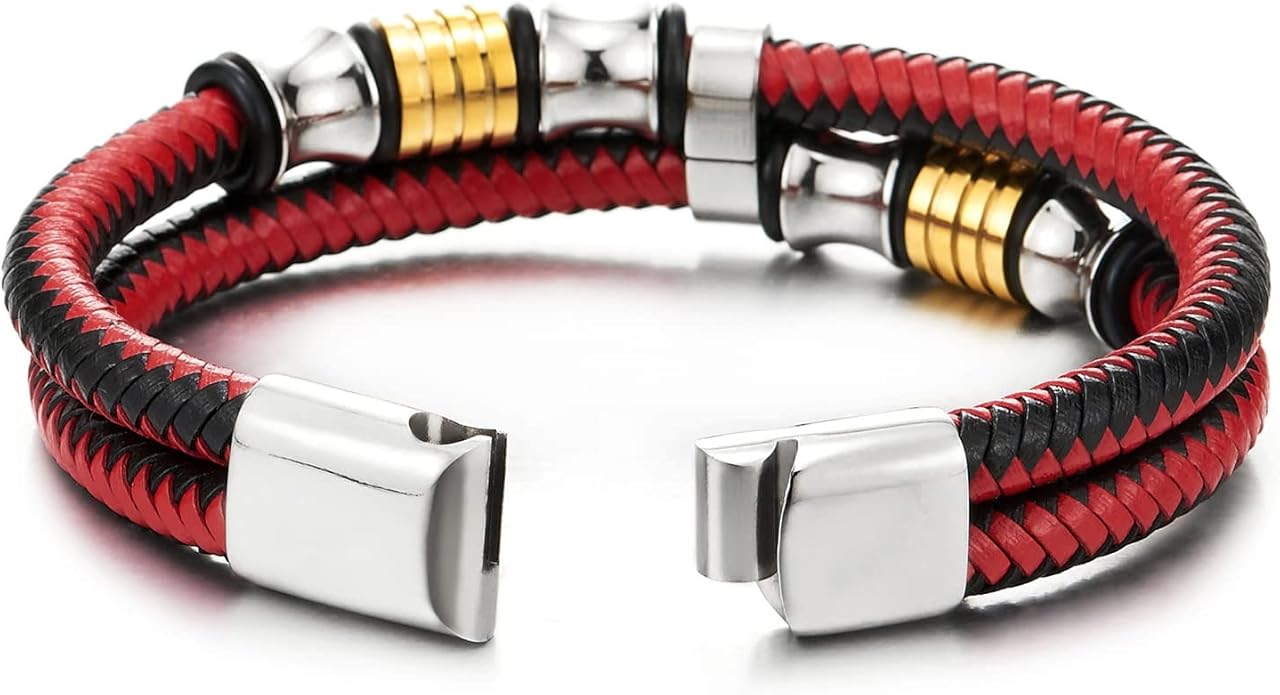 COOLSTEELANDBEYOND Mens Double-Row Braided Leather Bracelet Bangle Wristband with Stainless Steel Ornaments