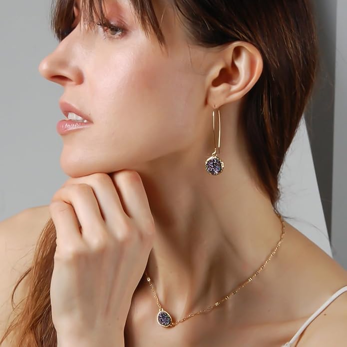 Simulated Druzy Threader Drop Earrings for Women - Gold, Silver, or Rose Gold Tone Trendy Boho Dangles with Sparkly Round Stone