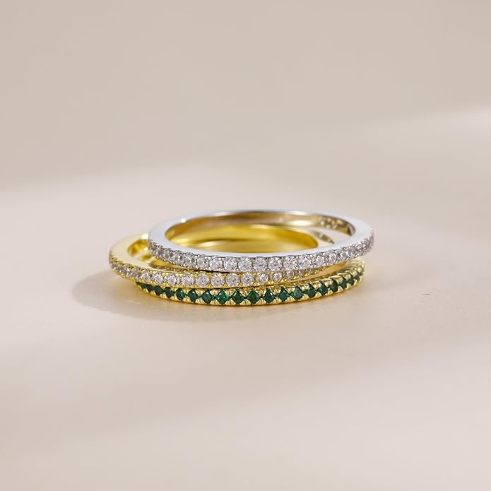 EAMTI 1.5mm 14K Gold Plated Eternity Bands for Women 925 Sterling Silver Half Eternity Stackable CZ Engagement Ring for Women Size 3-10