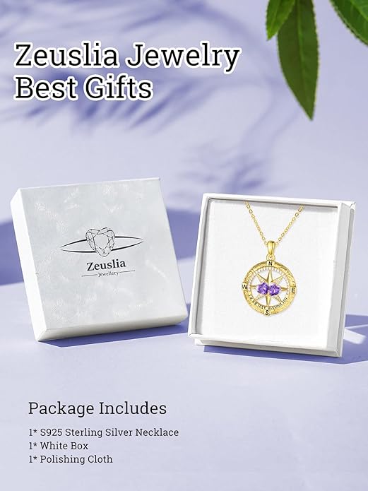 Zeuslia Double Birthstone Necklace Gifts for Wife - 925 Sterling Silver Sunflower/Rose/Crown Cross/Compass/Heart Pendant I Love You Necklace, Anniversary Birthday Gifts for Wife Girlfriend Mom Her