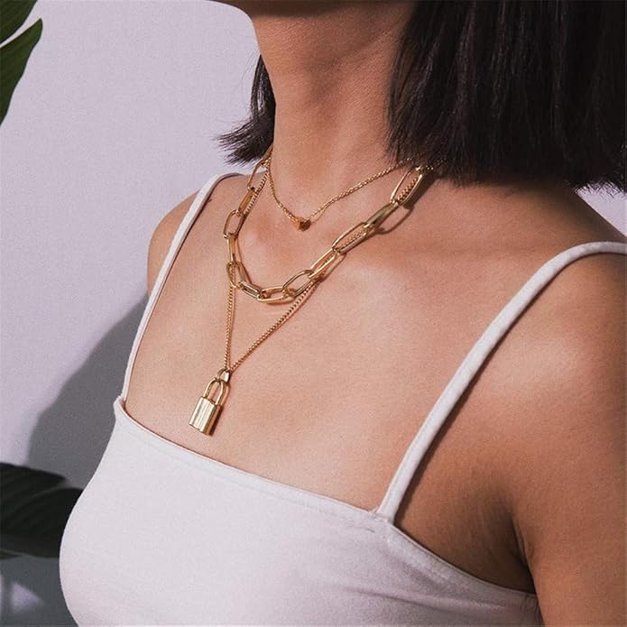 Turandoss Dainty Layered Choker Necklace, Handmade Y Pendant Necklace Multilayer Bar Disc Necklace Adjustable Layering Choker Necklaces for Women