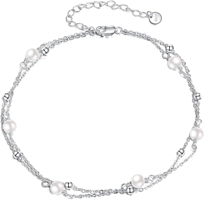 CRMAD Pearl/Moonstone/Larimar/Turquoise/Opal/Black Onyx Bracelet Anklet for Women Sterling Silver Beach Jewelry Gift for Women