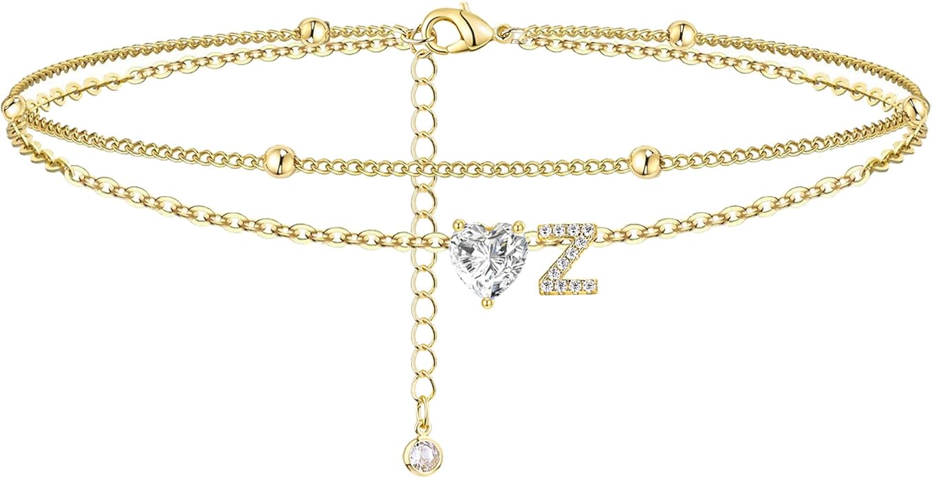 Ankle Bracelets for Women Waterproof 14K Gold Plated CZ Initial Anklet for Women Dainty Layered Letter Heart Ankle Bracelets Handmade Adjustable Foot Chain Anklet Summer Beach Jewelry