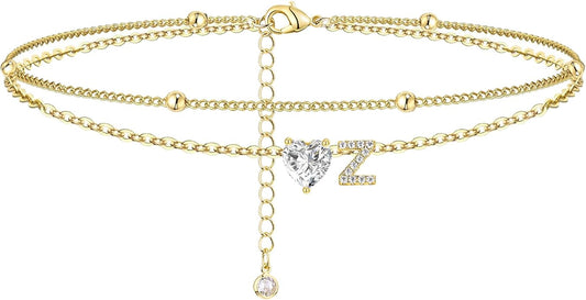 Ankle Bracelets for Women Waterproof 14K Gold Plated CZ Initial Anklet for Women Dainty Layered Letter Heart Ankle Bracelets Handmade Adjustable Foot Chain Anklet Summer Beach Jewelry
