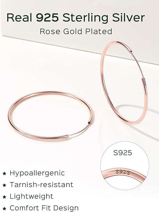 ChicSilver Hypoallergenic 925 Sterling Silver Hoop Earrings for Women, Lightweight Large Gold Plated Hoop Earrings, Endless Hoops Earring 20/30/40/50/60/70MM