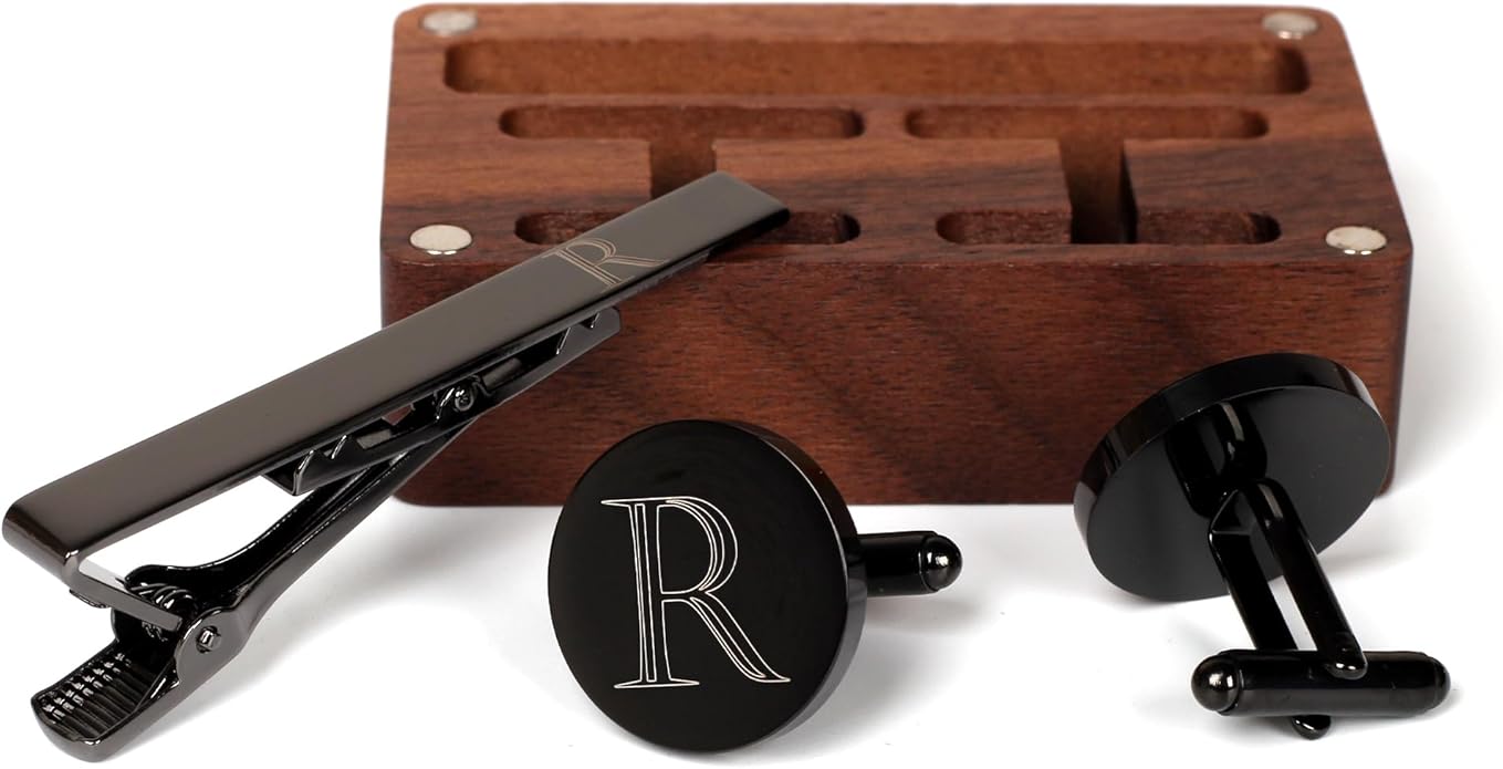 Mens Initial Cufflinks and Tie Clip A-Z Alphabet Letter Black Stainless Cuff Links Tie Bar with Engraved Walnut Wood Box Groom Groomsman Wedding Set