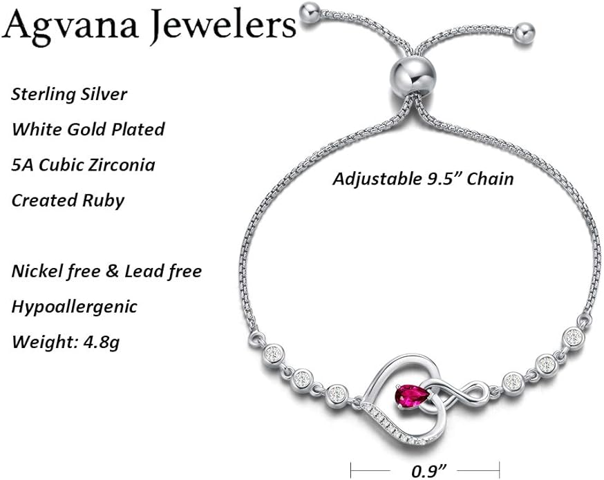 AGVANA Heart Birthstone Bracelets for Women Sterling Silver Genuine or Created Gemstone Tennis Bracelet Infinity Love Jewelry Anniversary Birthday Gifts for Wife Mom Women