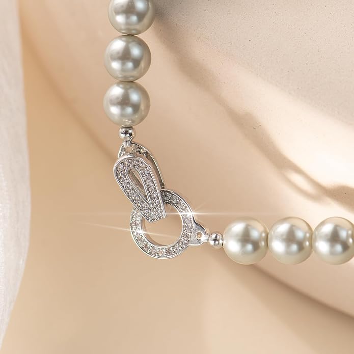 Pearl Necklace 18 inch and Pearl Earrings Studs, Lustrous Gorgeous Imitated Silver/White Pearls Jewelry Set For Women