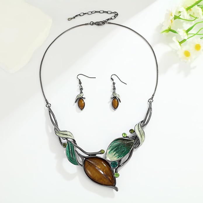 Vintage Chunky Statement Jewelry Set Retro Leaf Floral Geometric Bohemian Boho Bib Necklace Earring Set Fashion Costume Jewelry for Women Girls Wedding Party Prom Unique Gift