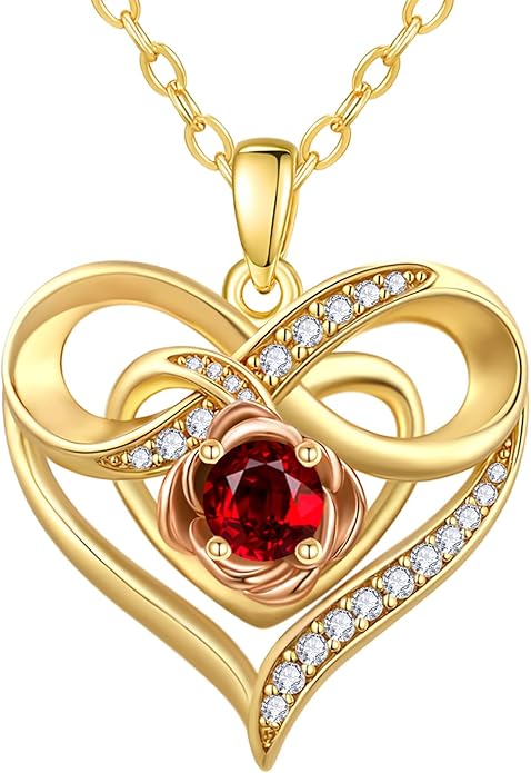 Infinite Heart Birthstone Necklaces for Women Gold Plated Pendant Wedding Anniversary Birthday Gift for Wife Her Mom Grandma Daughter Jewelry with Round Birthstone