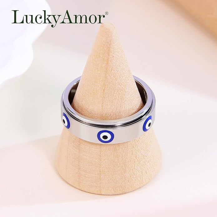 Evil Eye Fidget Ring for Women - 18K Gold Plated Stainless Steel Spinner Rings for Anxiety Relief, Ojo Turco Ring Luck Amulet, Turkish Faith Protection Stackable Jewelry Gift for Women Men
