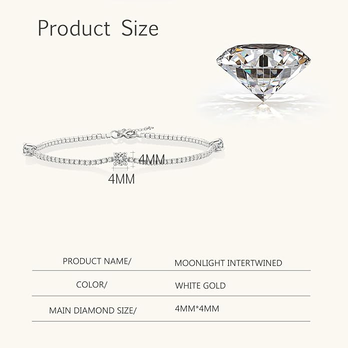 14K White Gold Over S925 Sterling Silver Intertwined Bracelet for Women with 1ct Round/Emerald Cut VS2 G-color Diamond, Simple and Sophisticated Present