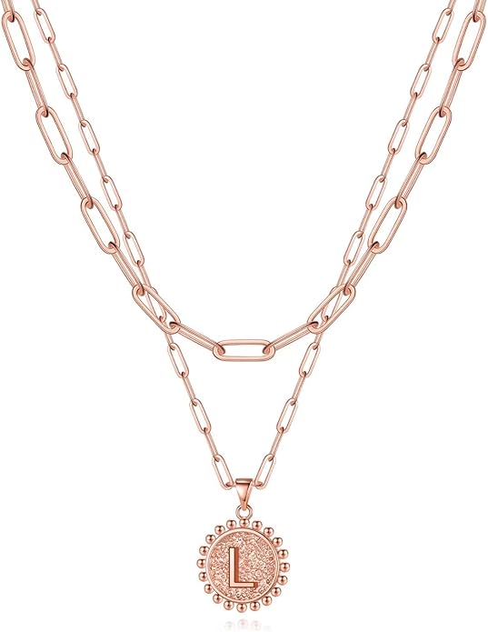 Yoosteel Gold Initial Necklaces for Women, 14K Gold Plated Dainty Layering Paperclip Link Chain Necklace Coin Initial Layered Necklaces for Women Personalized Birthday Gifts