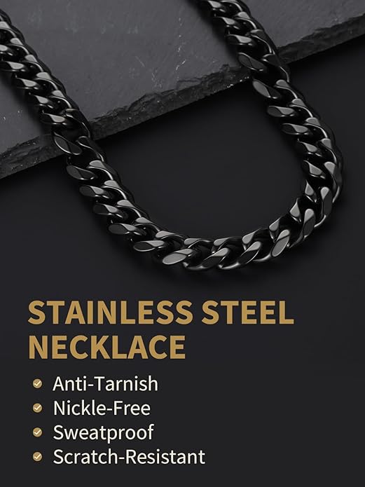 FindChic Cuban Link Chain for Men, 6/9/12mm Necklace Chain, Black/Gold Plated/Stainless Steel Necklace, Hypoallergenic & Tarnish-Proof Men's Jewelry Hip Hop Accessories, 18-30" Length Options