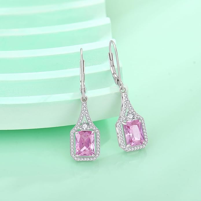 Emerald Cut Dangle Drop Earrings 925 Sterling Silver Halo Rectangular Leverback Earrings Birthstone Jewelry for Women