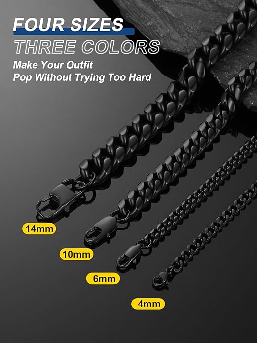 ChainsPro Chunky Miami Cuban Link Chains for Men,Stainless Steel Cuban Chain Necklace,4.8/6/10/14mm Width,No Tarnish& Thick Hip Hop Jewelry,18-30 inch Length, Black/Gold Plated/Silver,Send Gift Box