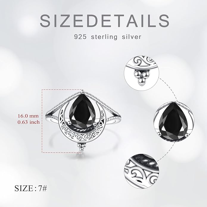 Vintage Moon Ring 925 Sterling Silver Retro Filigree Crescent Teardrop Black Stone Ring Jewelry Gifts for Women US Size 5-13