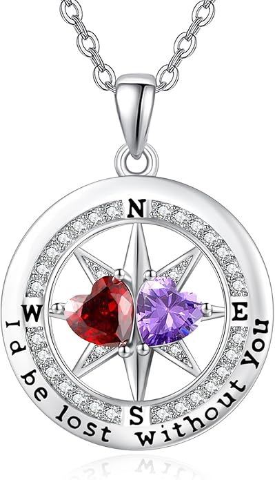 JIYVY32 Compass Birthstones Necklace for Women, Exquisite S925 Necklace Anniversary Birthday Gifts for Wife Her Double Birthstone Pendant jewelry ‘I'd be Lost Without You’