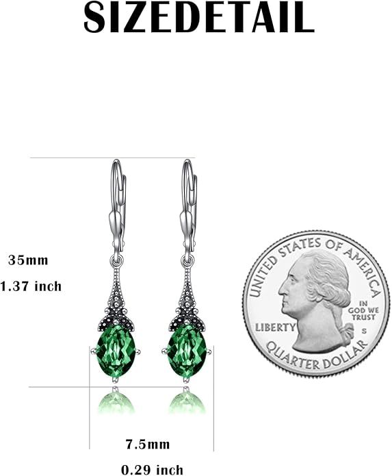 AOBOCO Vintage Earrings for Women Sterling Silver Retro Drop Dangle Leverback Earrings with 8x6mm Oval Genuine or Simulated Birthstone Crystal from Austria, Anniversary Jewelry Gifts for Her Women