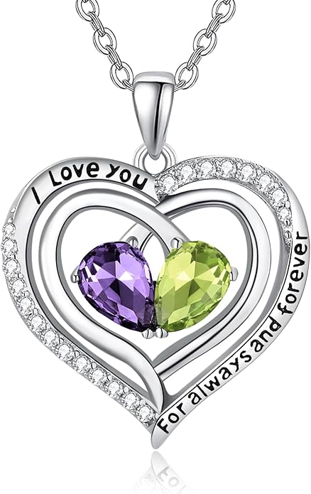 Zeuslia Double Birthstone Necklace Gifts for Wife - 925 Sterling Silver Sunflower/Rose/Crown Cross/Compass/Heart Pendant I Love You Necklace, Anniversary Birthday Gifts for Wife Girlfriend Mom Her