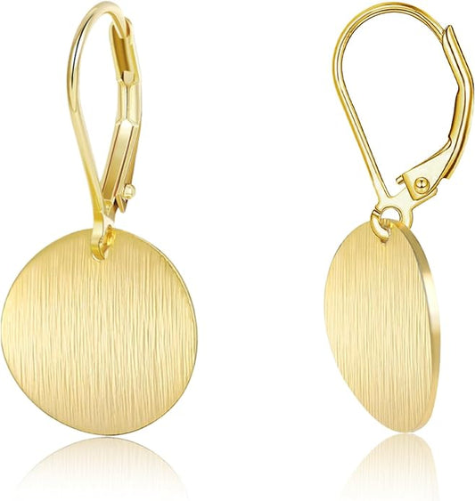 14K Gold Dangle Earrings for Women，Lightweight Circle Disc Coin Geometric Flat Brushed Drop Earrings, Hypoallergenic Leverback Earrings S925 Jewelry