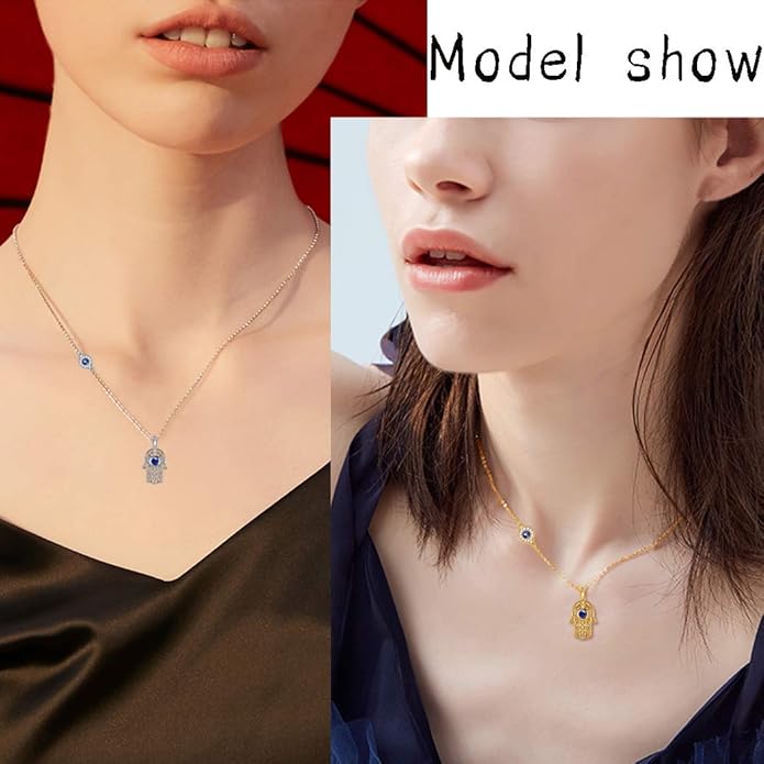 Evil Eye Necklace Evil Eye Hamsa Hand of Fatima Necklace 925 Sterling Silver Fine Jewelry Gifts for Womens White Blue CZ Third Eye Stud Earrings Turkish Eye Ring Hamsa Hand Jewelry Set Gifts Valentine Day Chrismtas Gifts
