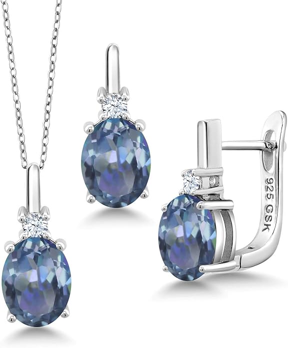 Gemstone Birthstone and White Created Sapphire Pendant and Earrings Jewelry Set for Women in 925 Sterling Silver | Oval 8X6MM and Round 2.5MM | With 18 Inch Chain | Fine Jewelry for Her Mom Women Wife