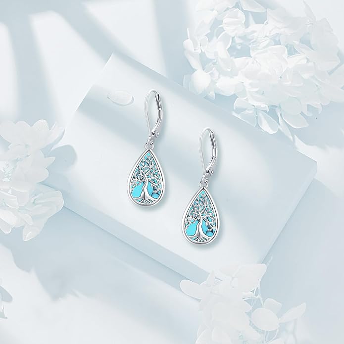 Tree of life Dangle Earrings Sterling Silver Moonstone/Turquoise/Malachite Earrings for Women Filigree Leverback Earrings Jewelry Gifts