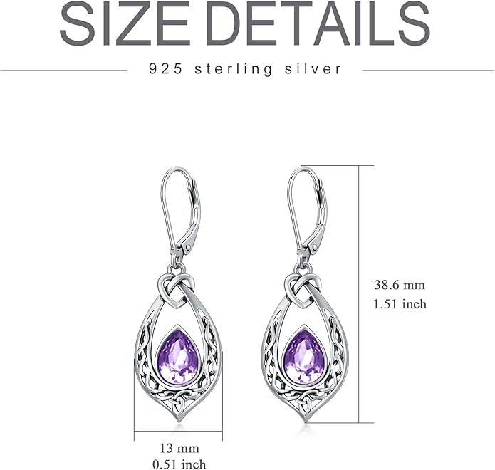 Celtic Knot Dangle Earrings 925 Sterling Silver Oxidized Vintage Drop Leverback Earrings with 8 * 6mm Simulated Birthstone Crystal Christmas Jewelry Gifts for Women (Gift Box)