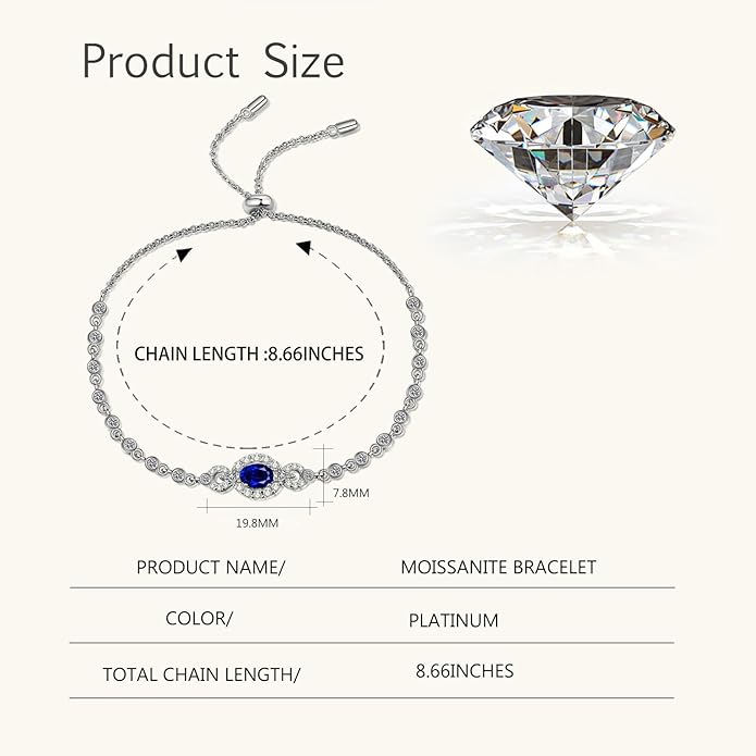 14K White Gold Over S925 Sterling Silver Oval Cut 0.5ct Sapphire Bracelet Adjustable with Sparkling D-color Diamond, Ideal Gift for Her at Special Occasion
