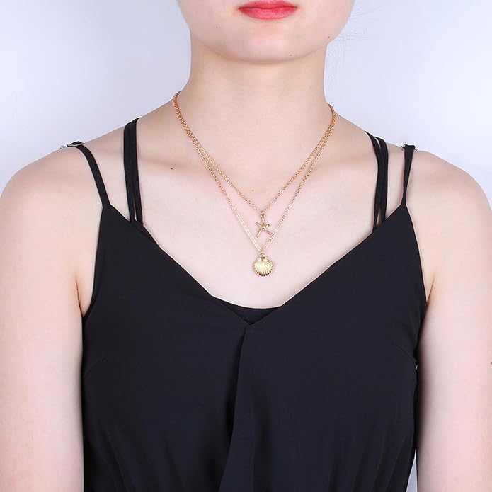 Gold Starfish Necklace for Women Beach Jewelry Accessories Sea Shell Beach Necklace Layered Starfish Pendant Beachy Ocean Necklaces Boho Cowrie Seashell Summer Necklaces Jewelry Gifts Trendy Stuff