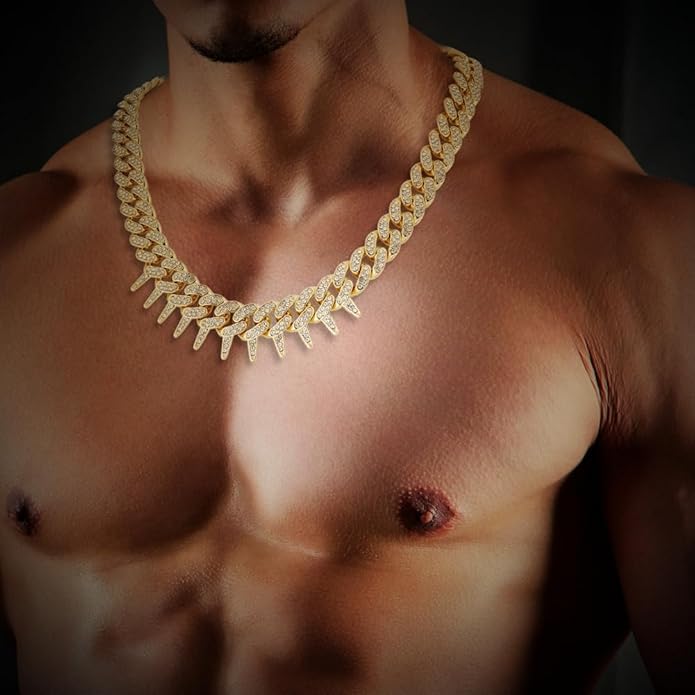 HH BLING EMPIRE Mens Gold Silver Plated Spike Cuban Link Chain Necklace and Bracelet Sets, Chunky Iced Out Diamond Miami Cuban Link Chains Hip Hop Jewelry