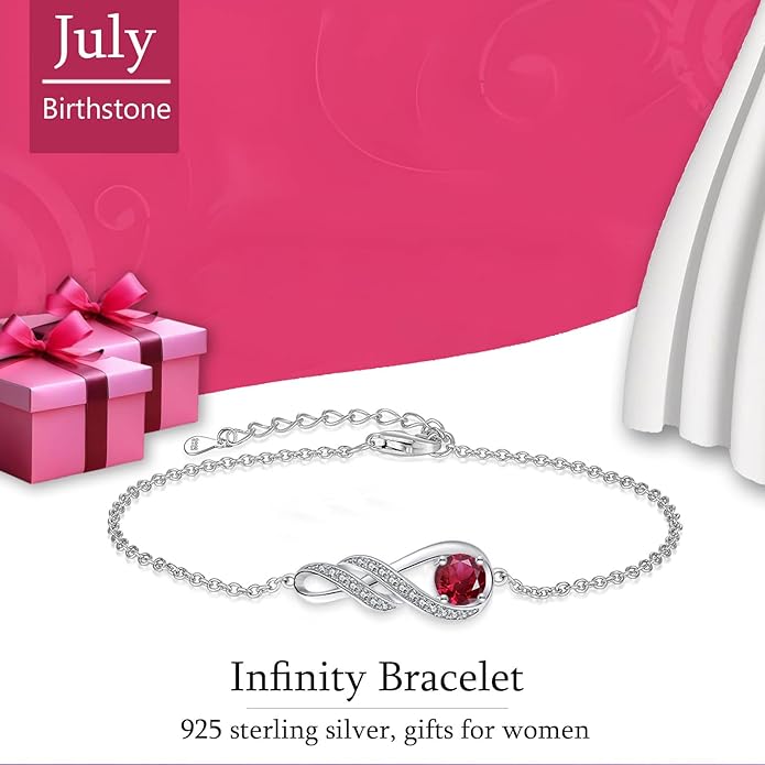 Birthstone Bracelets for Women 925 Sterling Silver Created Gemstone Bracelet Infinity Pendant Jewelry for Her, 6.7"+1.2"