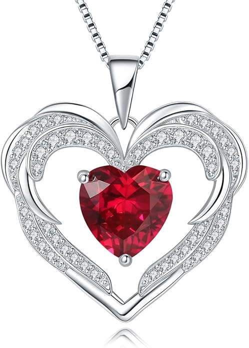 Heart Necklaces Valentine's Gift for Women, Birthstone 925 Sterling Silver Angel Wings Love Pendant Necklaces for Women, Jewelry Gifts for Wife, Anniversary, Mother's day