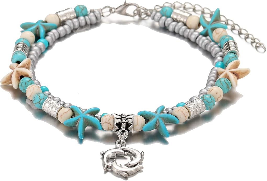Starain Blue Turtle Anklets for Women Multilayer Beads Handmade Beach Ankle Bracelet Set Boho Foot Jewelry