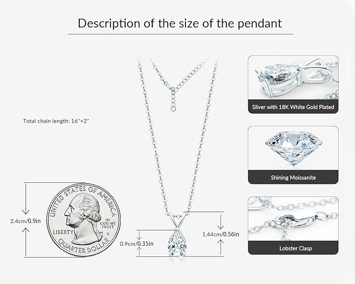 AINUOSHI Moissanite Necklace for Women, 1CT, 2CT, 3CT, 4CT Solitaire Moissanite Pendant Necklace, D-E Color with GRA Certificate, 925 Sterling Silver with 18K Gold Plating, Mother Mom Wife Girlfriend Gifts with Jewelry Box Packed
