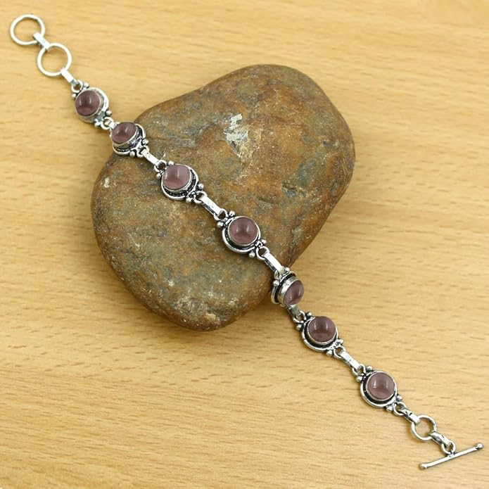 Round Shape Natural & Synthetic Gemstones Silver Plated Bracelets for Women - Vintage Bohemian Style Handmade Birthstone Adjustable Link Bracelet Jewelry Gifts for Wedding Anniversary Mother's Day