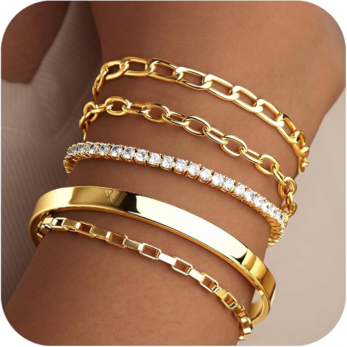 Gold Bracelets for Women Non Tainish,Dainty Bracelets Stack for Women Trendy, Gold Plated Cuff Bracelets Stack With Beaded Cuban Paperclip Snake Rope Bangle Hand Chain Jewelry Gifts for Women