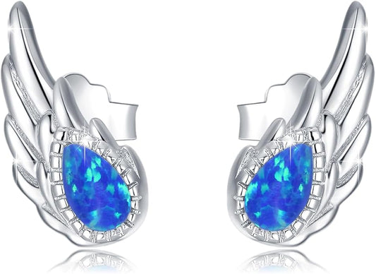Sterling Silver Opal and Moonstone Angel Earrings Studs by Angel Jewelry