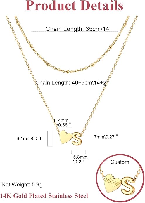 FOCALOOK Layered Initial Necklace for Women, 14K Gold Plated Choker Necklaces Stacks with Initial A-Z, Dainty Silver Heart Pendant Necklace Personalized Birthday Women Jewelry